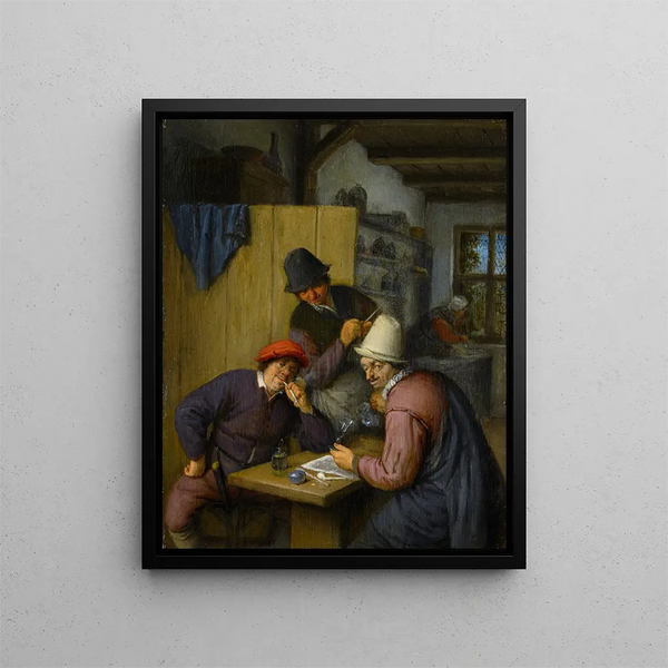 Three farmers drinking and smoking in an inn - Adriaen van Ostade — framed artwork on a wall