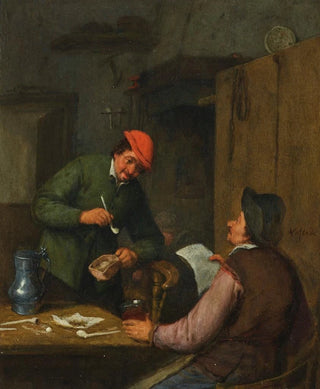 Adriaen van Ostade - Two peasants smoking drinking and reading at an inn.webp