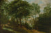 Figuren op een bosweg met een gebouw op de achtergrond - Adriaen van Stalbemt — weergave van het kunstwerk