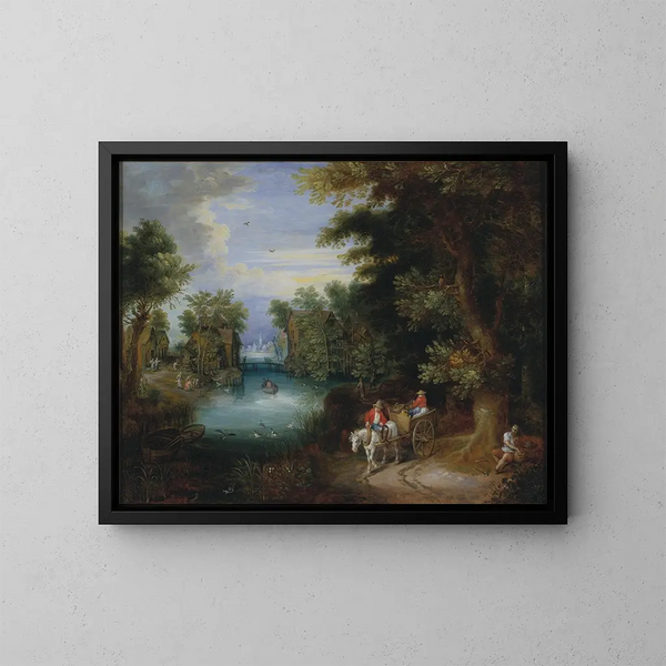 Landscape painting with farmers - Adriaen van Stalbemt — framed artwork on a wall