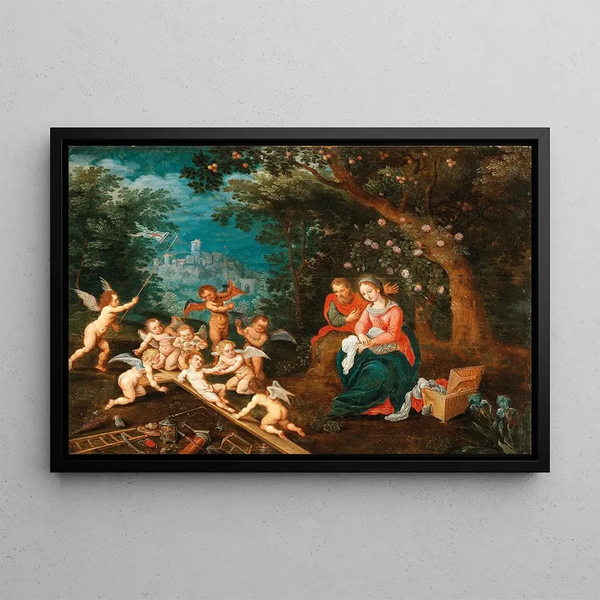 Adriaen van Stalbemt - The Holy Family with Angels playing on the Cross.webp