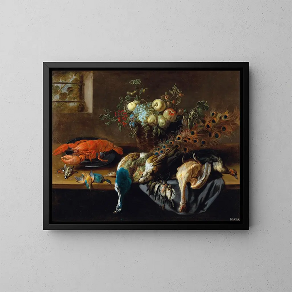a peacock, a boiled lobster, and a bird prey - Adriaen van Utrecht — framed artwork on a wall