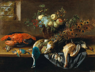 Natuurstudie met een pauw, fruit, een kreeft en een vogel - Adriaen van Utrecht — weergave van het kunstwerk