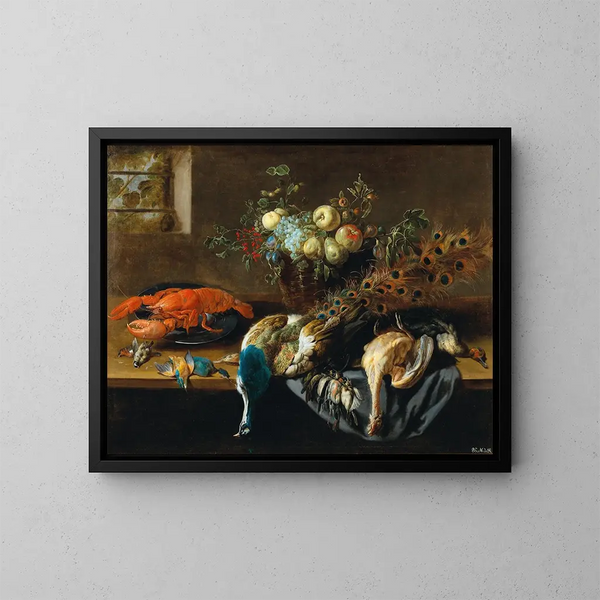 Still life with a peacock, fruits, a lobster, and a bird - Adriaen van Utrecht — framed artwork on a wall