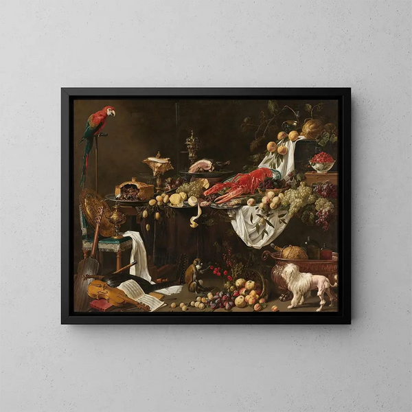 Still life at the banquet - Adriaen van Utrecht — framed artwork on a wall