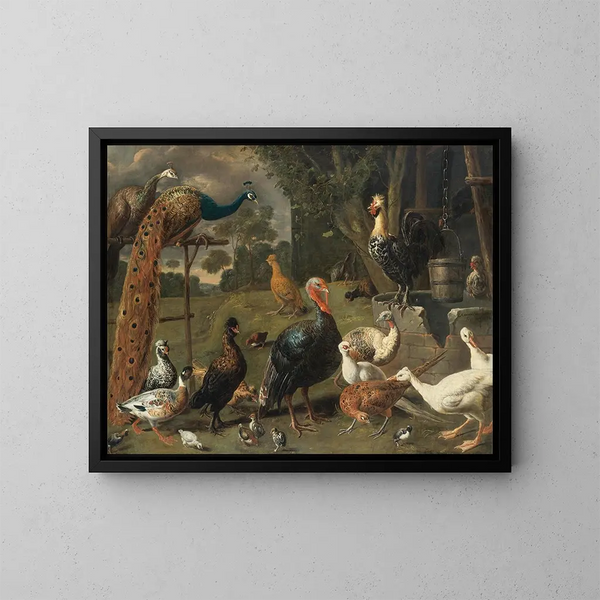 Peacock and peahen on a perch, turkeys, pheasant, and poultry near a well - Adriaen van Utrecht — framed artwork on a wall