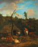 van een herder en een herderin voor een houten boerderij - Adriaen van de Velde — weergave van het kunstwerk
