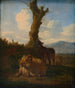 Italiaanse landschapsschilderij met een ram, andere schapen en een dode boom - Adriaen van de Velde — weergave van het kunstwerk