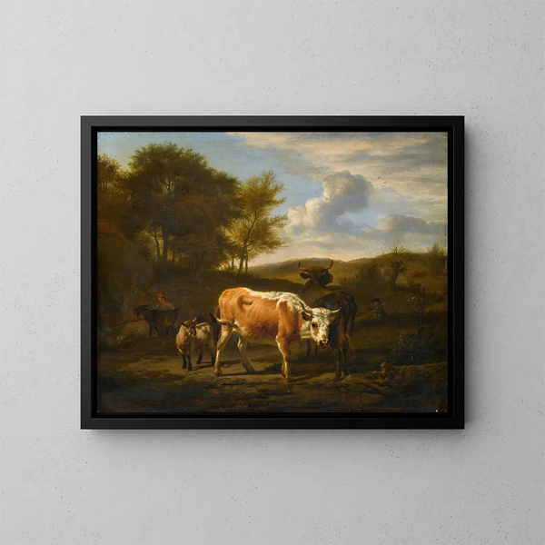 Mountainous landscape painting with cows - Adriaen van de Velde — framed artwork on a wall