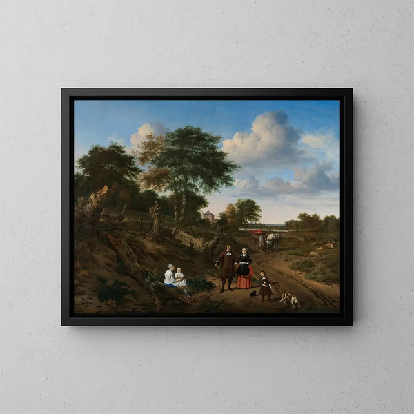 Portrait of a couple with two children and a nursemaid in a landscape - Adriaen van de Velde — framed artwork on a wall
