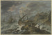 Storm op zee aan een rotsachtige kust met een schip dat is gestrand - Adriaen van der Cabel — weergave van het kunstwerk