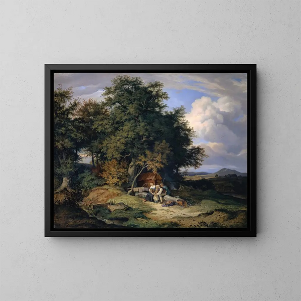 Autumn forest with shepherd family - Adrian Ludwig Richter — framed artwork on a wall