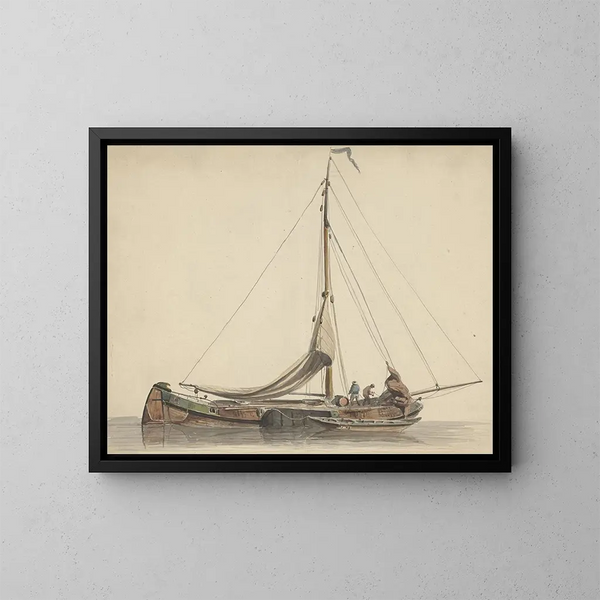 Two men working on a sailboat with stretched sails - Adrianus Eversen — framed artwork on a wall