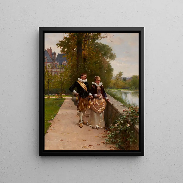 Elegant characters strolling in the park - Adrien Moreau — framed artwork on a wall
