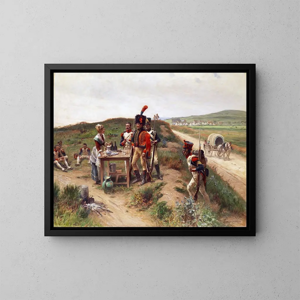 soldiers taking a break near a canteen woman - Adrien Moreau — framed artwork on a wall