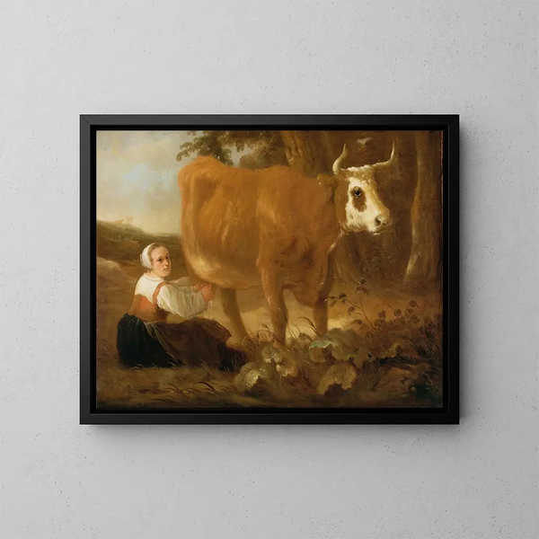 A Milkmaid with a Cow - Aelbert Cuyp — framed artwork on a wall