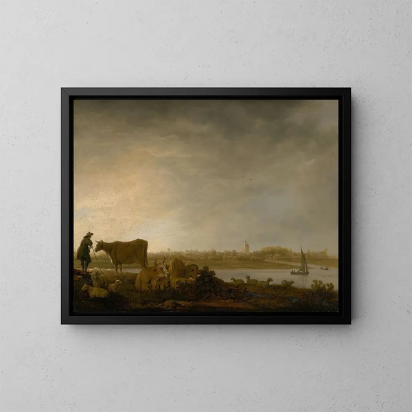 View of Vianen with a herdsman and livestock near a river - Aelbert Cuyp — framed artwork on a wall