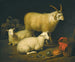 binnenkant van een schuur met een ram met vier hoorns, vier schapen en een geit, vergezeld van een stilleven met een mand en omgekeerde potten rechts - Aelbert Cuyp — weergave van het kunstwerk