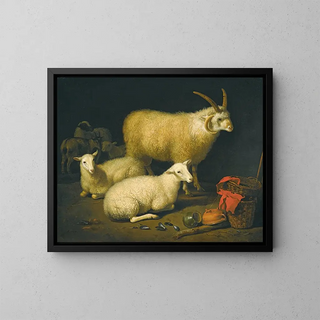 Aelbert Cuyp - A barn interior with a fourhorned ram and four ewes and a goat with a still life of a basket and upturned pots to the right.webp