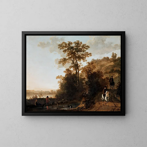 A stroll in the evening near a river - Aelbert Cuyp — framed artwork on a wall