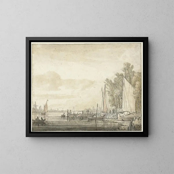 Bateaux au quai dans une rivière - Aelbert Cuyp — framed artwork on a wall