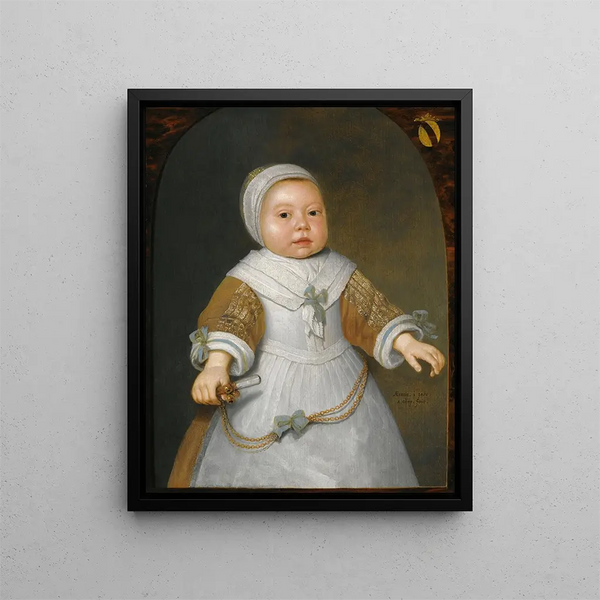 Portrait of a one-year-old girl from the Van Der Burch family - Aelbert Cuyp — framed artwork on a wall