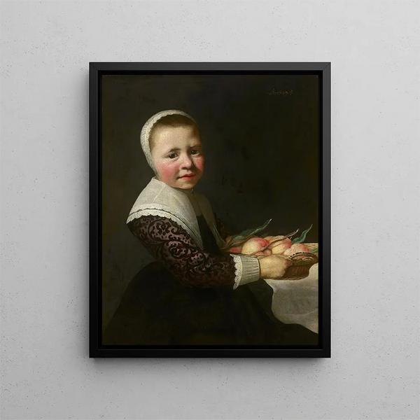 Portrait of a girl with peaches - Aelbert Cuyp — framed artwork on a wall