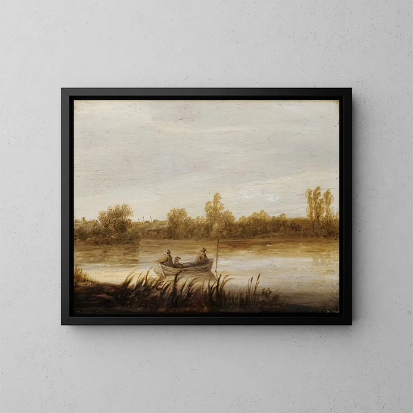 a river landscape with fishermen in a boat - Aelbert Cuyp — framed artwork on a wall