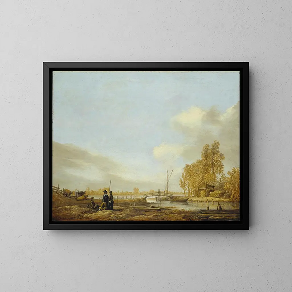 Landscape fluvial with a wooden bridge - Aelbert Cuyp — framed artwork on a wall