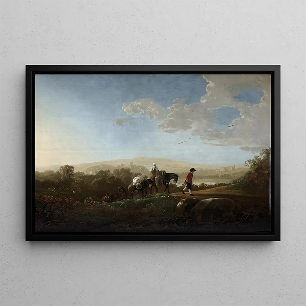 Travelers in a Hilly Landscape - Aelbert Cuyp — framed artwork on a wall