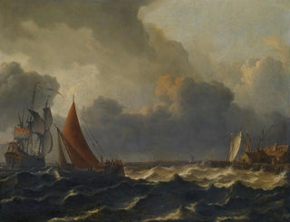 Aernout Smit - A Smalschip Closed Hauled In A Stiff Breeze With A Flagship Offshore To The Left And A Jetty To The Right.webp