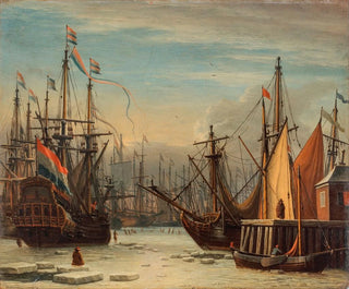 Aernout Smit - A view of the IJ harbour in winter Amsterdam with figures skating between the ships a figure seated on an ice floe in the foreground.webp