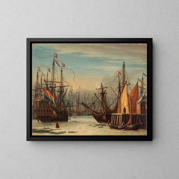 View of the IJ port in winter in Amsterdam with characters skating between boats and a figure sitting on an ice block in the foreground - Aernout Smit — framed artwork on a wall