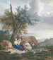 van een boer en een landbouwer met een kind in een landschap met vee - Aert Schouman — weergave van het kunstwerk