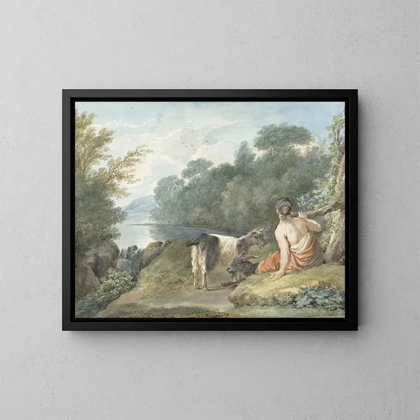 Bergère avec des chèvres dans un paysage avec un lac - Aert Schouman — framed artwork on a wall