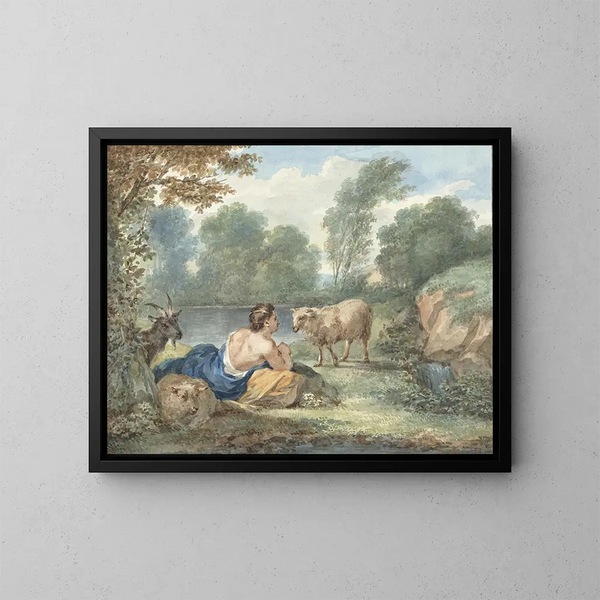 Bergère avec des moutons dans un paysage avec un étang - Aert Schouman — framed artwork on a wall