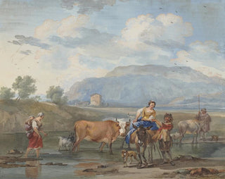 van Aert Schouman: Een schilderij van herders die geiten door water leiden, links een vrouw die haar kind op de rug draagt, rechts een andere die op een ezel rijdt. — weergave van het kunstwerk