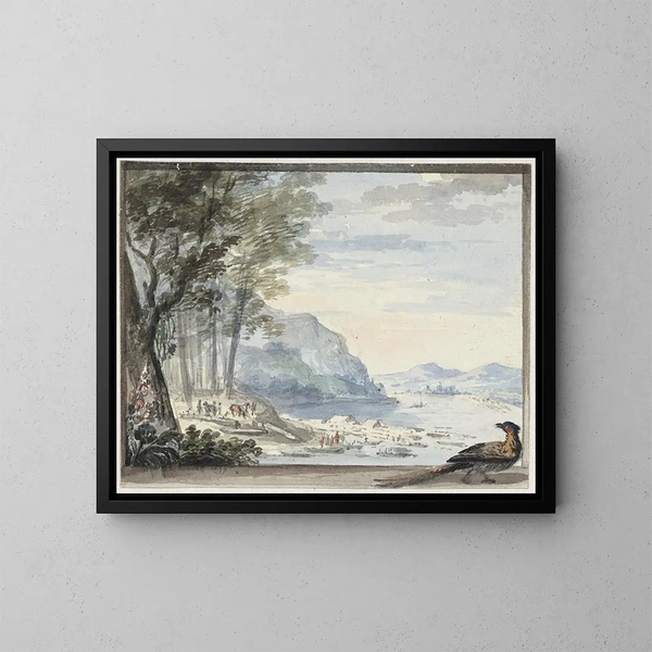 Landscape with a Rooster in the Foreground - Aert Schouman — framed artwork on a wall