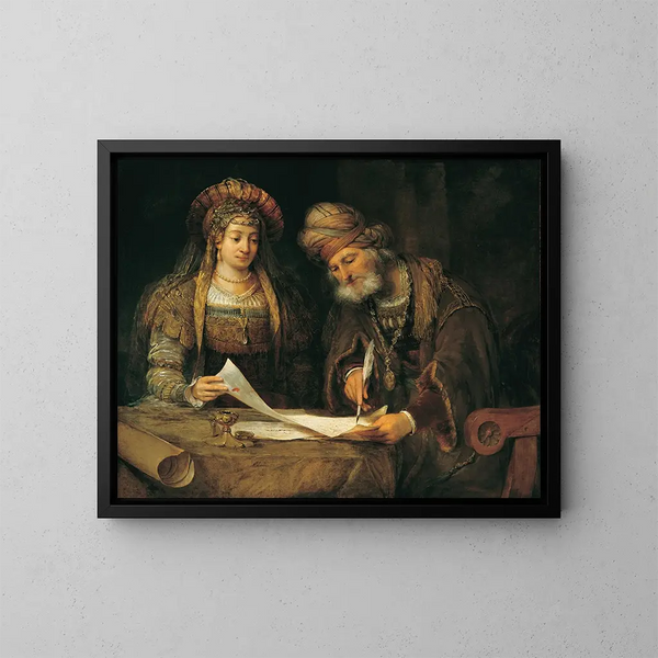 Esther and Mordecai writing the first letter of Purim - Aert de Gelder — framed artwork on a wall