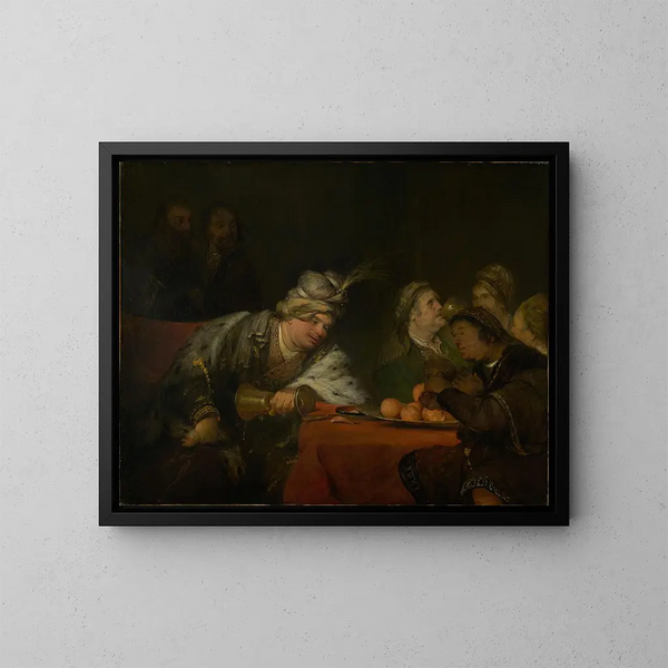 The Banquet of Ahasuerus - Aert de Gelder — framed artwork on a wall
