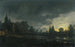 Landschap met rivier bij maanlicht met figuren bij een deur, een dorp verderop - Aert van der Neer — weergave van het kunstwerk