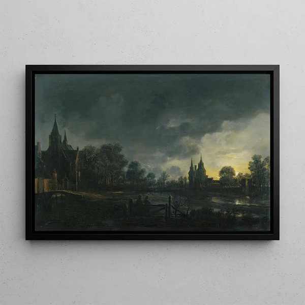 Aert van der Neer - A Moonlit River Landscape With Figures Standing By A Gate A Village Beyond.webp