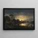 Landschapschilderij met rivier bij schemering met mensen die langs een pad naar een dorp lopen, links een kerk op de achtergrond - Aert van der Neer — ingelijst kunstwerk aan de muur
