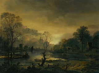 Een rivierlandschap bij zonsondergang met vissers die hun net trekken op de voorgrond, molens in de verte - Aert van der Neer — weergave van het kunstwerk