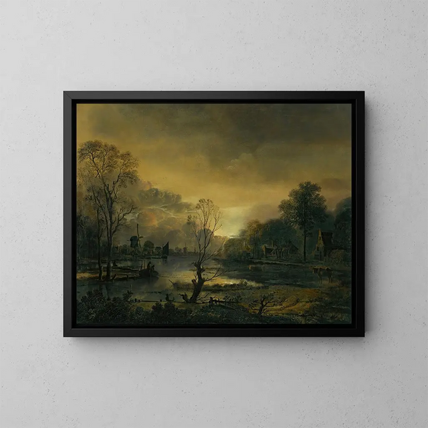 a river landscape at sunset with fishermen pulling their net in the foreground, windmills in the distance - Aert van der Neer — framed artwork on a wall
