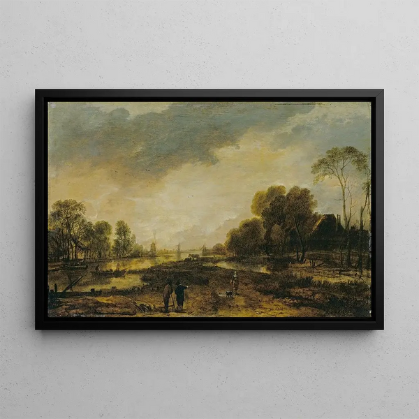 River Scene Painting, Evening - Aert van der Neer — framed artwork on a wall