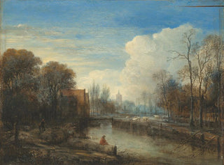 Een rivierlandschap met een visser en schapen aan de oevers - Aert van der Neer — weergave van het kunstwerk