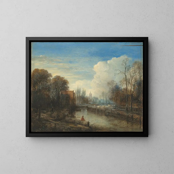a river landscape with a fisherman and sheep on the banks - Aert van der Neer — framed artwork on a wall