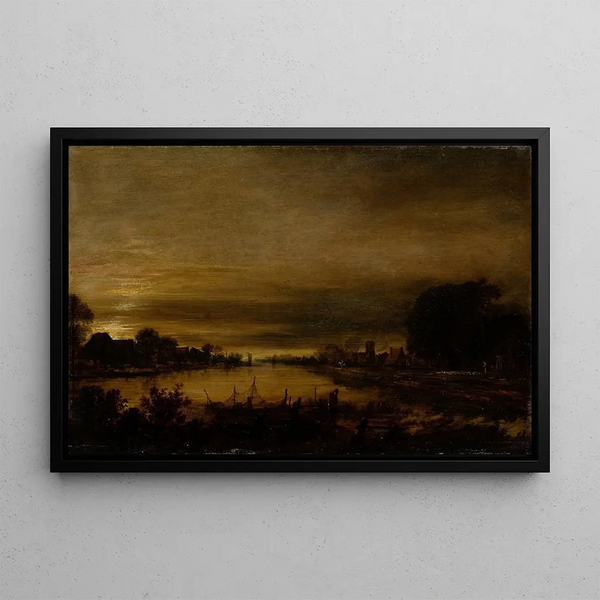 Landscape with Canal at Dusk - Aert van der Neer — framed artwork on a wall