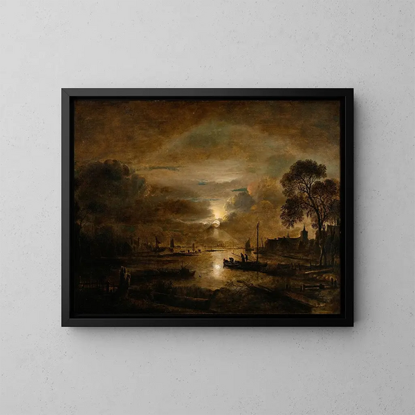 Moonlight painting on a Dutch river - Aert van der Neer — framed artwork on a wall
